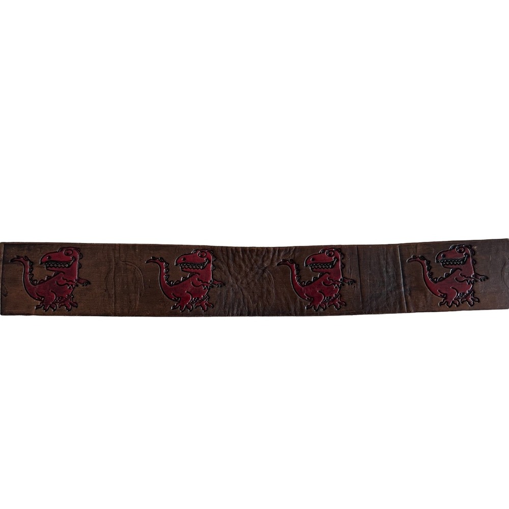 Fiorucci Vintage Kids Brown Leather Red T-Rex  Engraved Logo Belt Size M‎ 24-30 - Picture 6 of 12